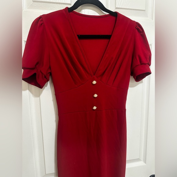 Long Red Dress With Sewn On Pearls and Puffed Sleeves - Picture 8 of 13